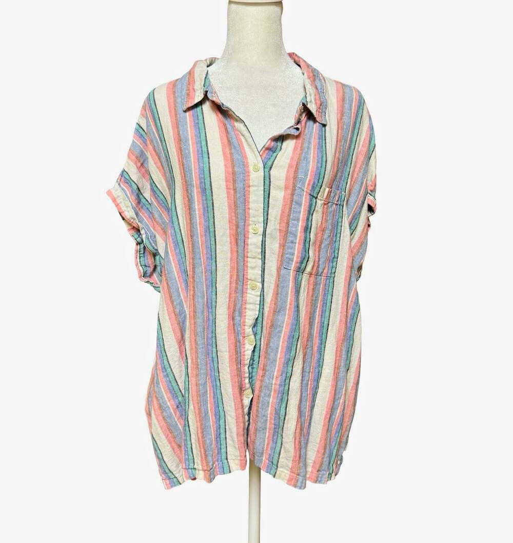 Orvis Striped Linen Rayon Button-Down Collared Short Sleeve Blouse XXL